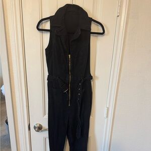 Black Sleeveless denim Jumpsuit with Belt